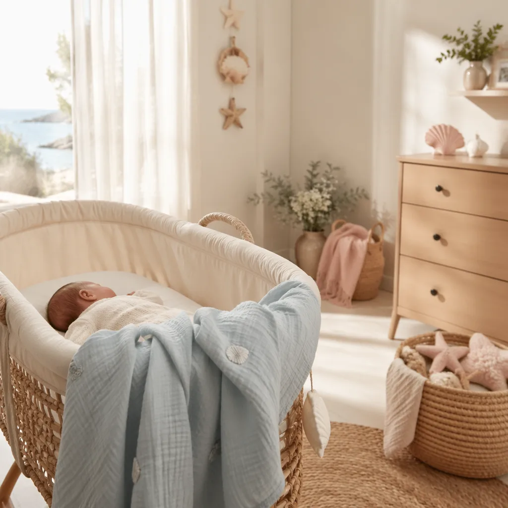 A peaceful pastel nursery with a sleeping baby and subtle sea-inspired decor.