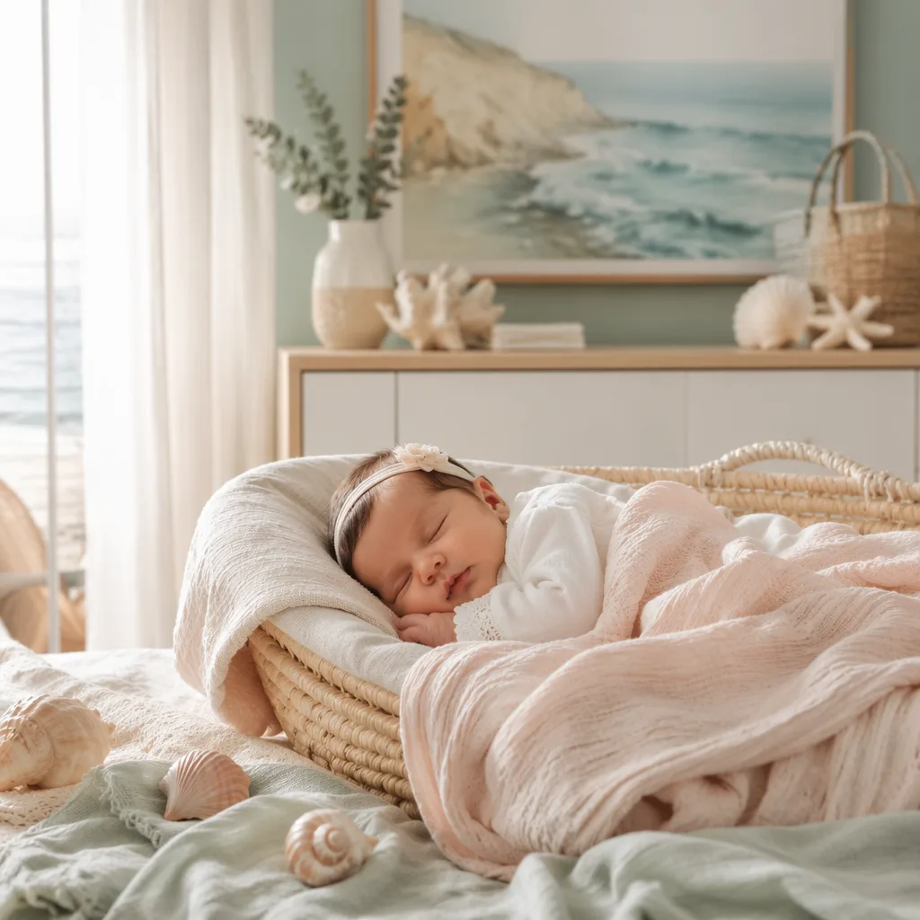 Sleeping newborn in a soft pastel coastal nursery with gentle natural light.