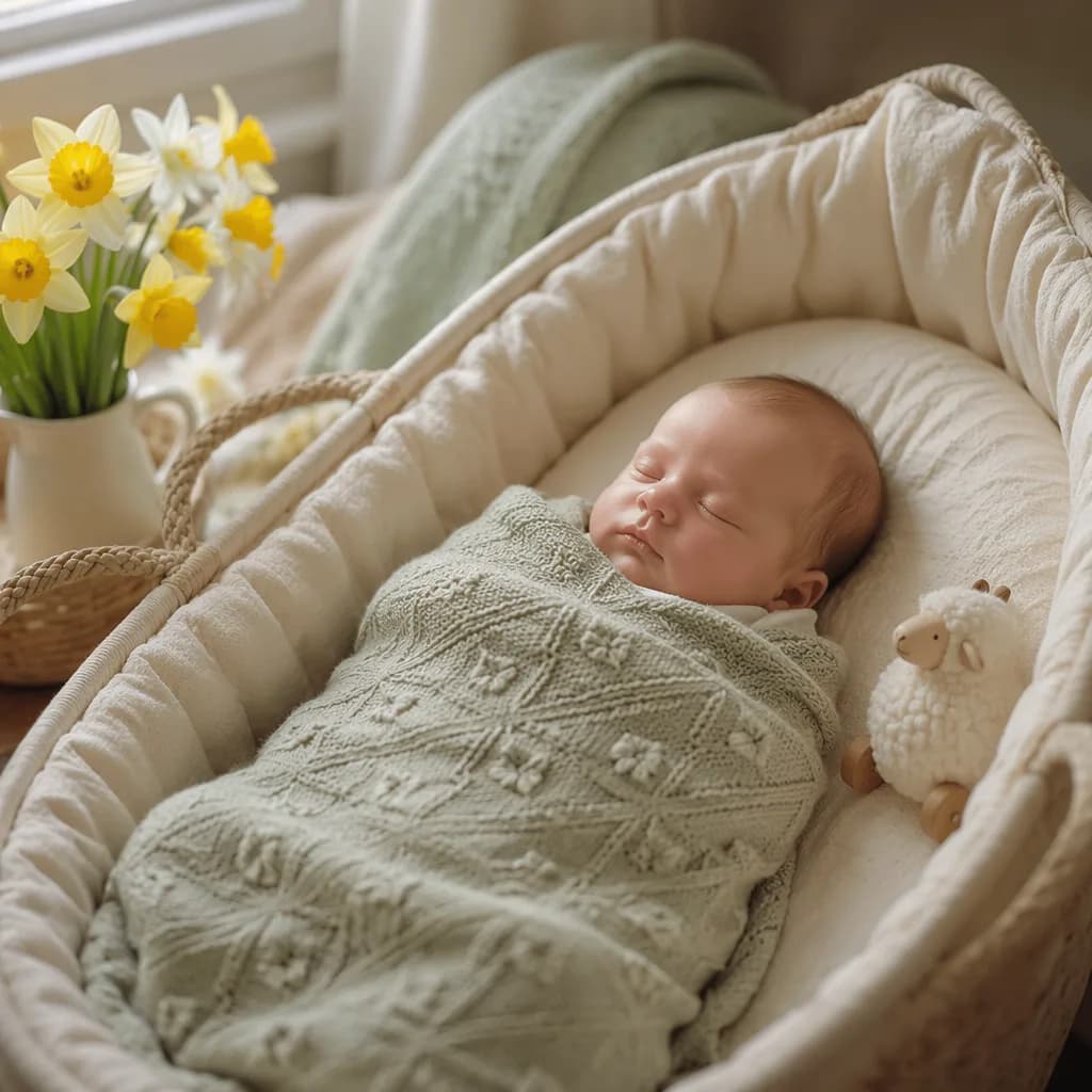 Sleeping baby in a soft Welsh-inspired nursery with daffodils and cozy pastel details.