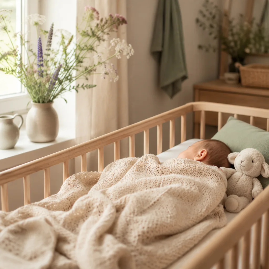 Soft Irish-inspired nursery scene with a sleeping baby, wildflowers, and a lamb plush.