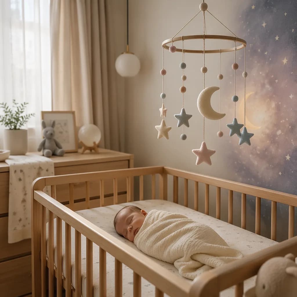 Sleeping baby in a cozy pastel nursery with soft star and moon decor inspired by the Milky Way.
