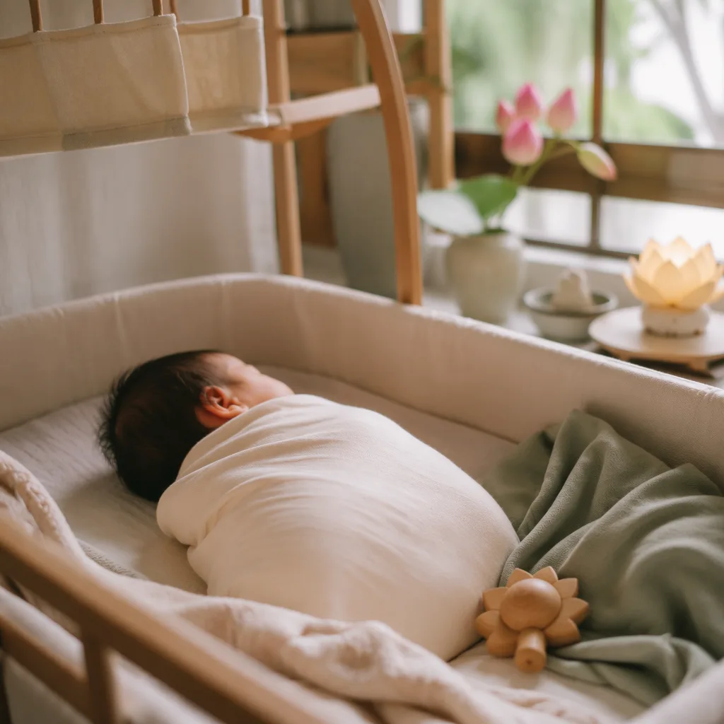 A serene Vietnamese nursery scene with a swaddled sleeping baby and soft lotus-inspired details.