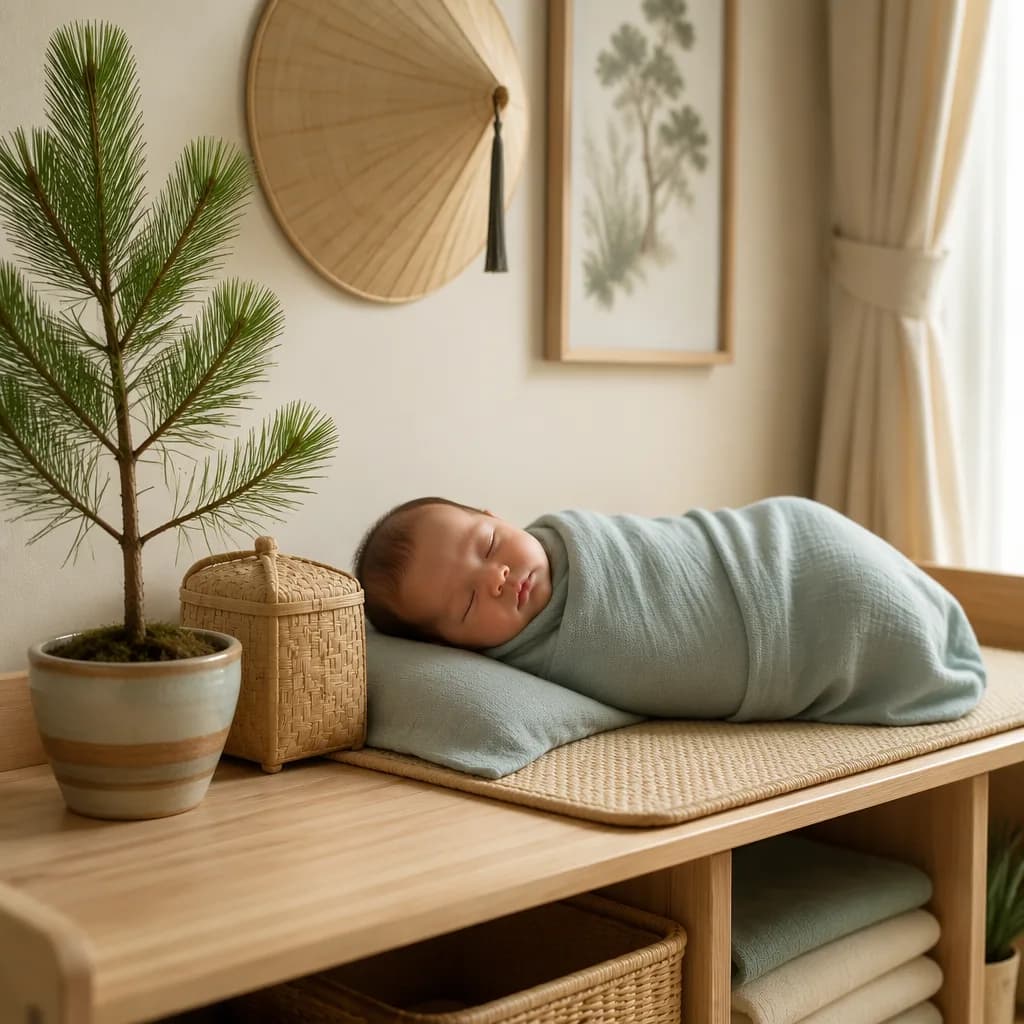 Sleeping baby in a soft blue-green nursery beside a small pine sapling.