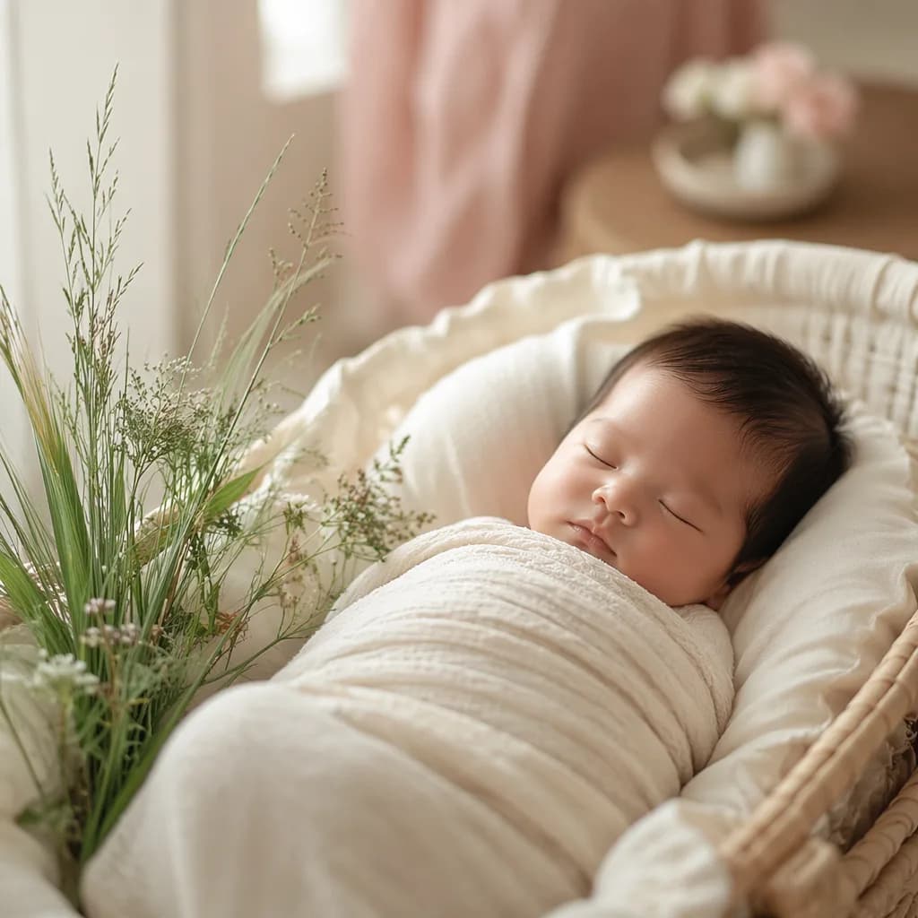 Vietnamese newborn in a soft nursery with delicate green herb and floral accents.