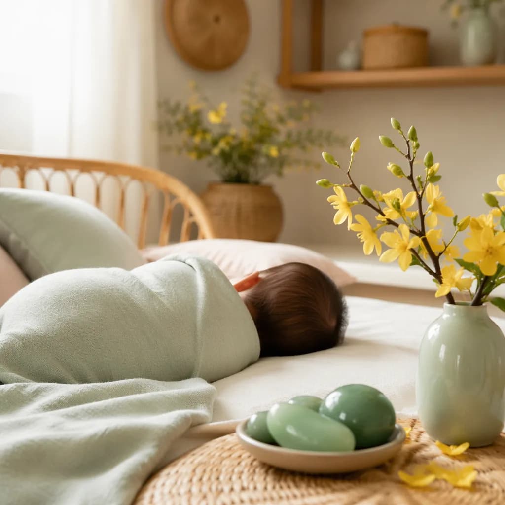 Soft nursery scene with a sleeping baby, jade tones, and yellow mai blossoms.