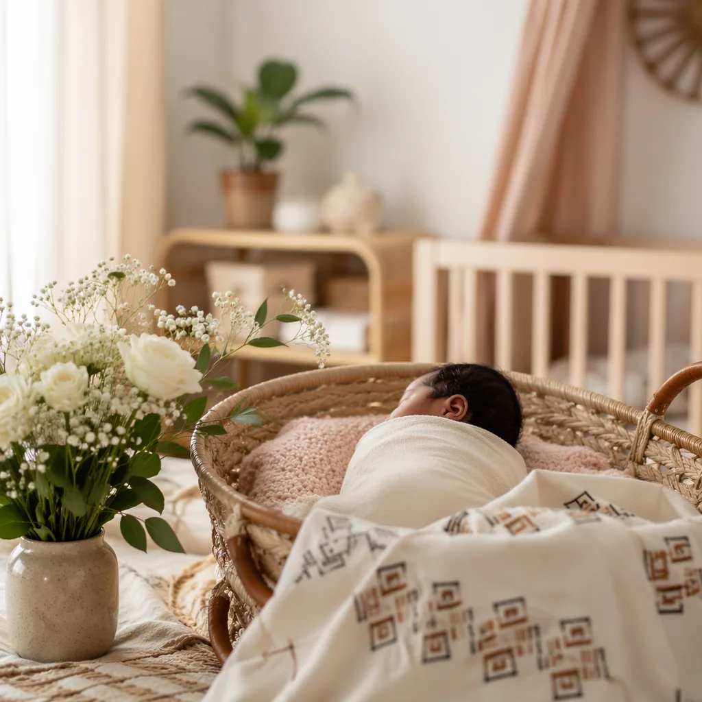 A softly lit cozy nursery with a swaddled newborn and Igbo-inspired textile accents.