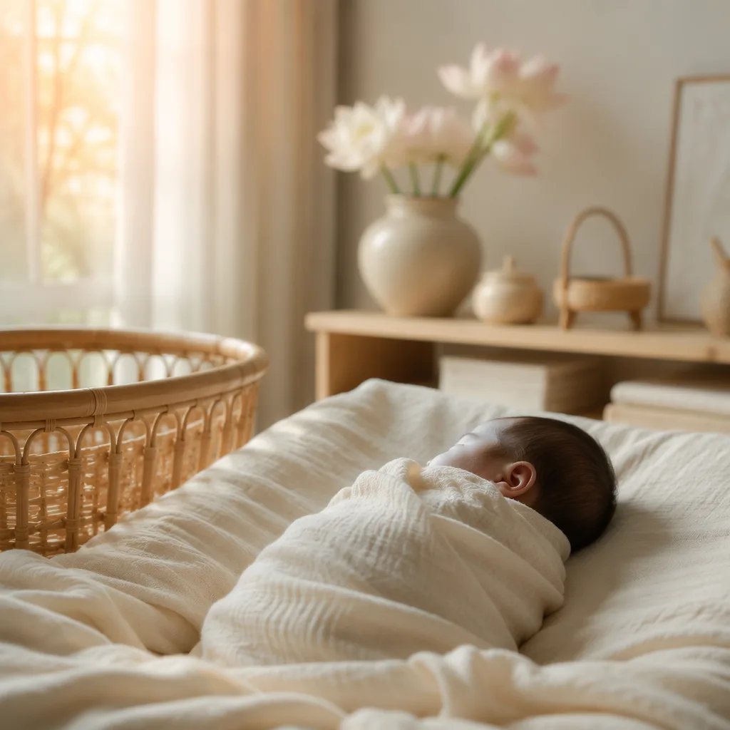 A peaceful Vietnamese newborn in a cozy pastel nursery with soft lotus and bamboo details.