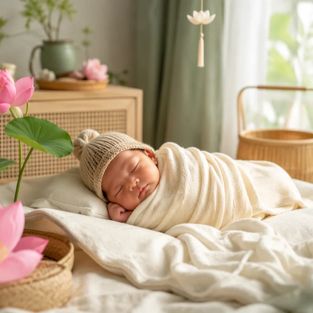 Peaceful Vietnamese-inspired nursery with a newborn in soft natural light and lotus accents.