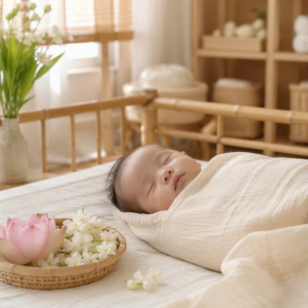 A peaceful Vietnamese-inspired nursery scene with a sleeping baby and delicate jasmine flowers.