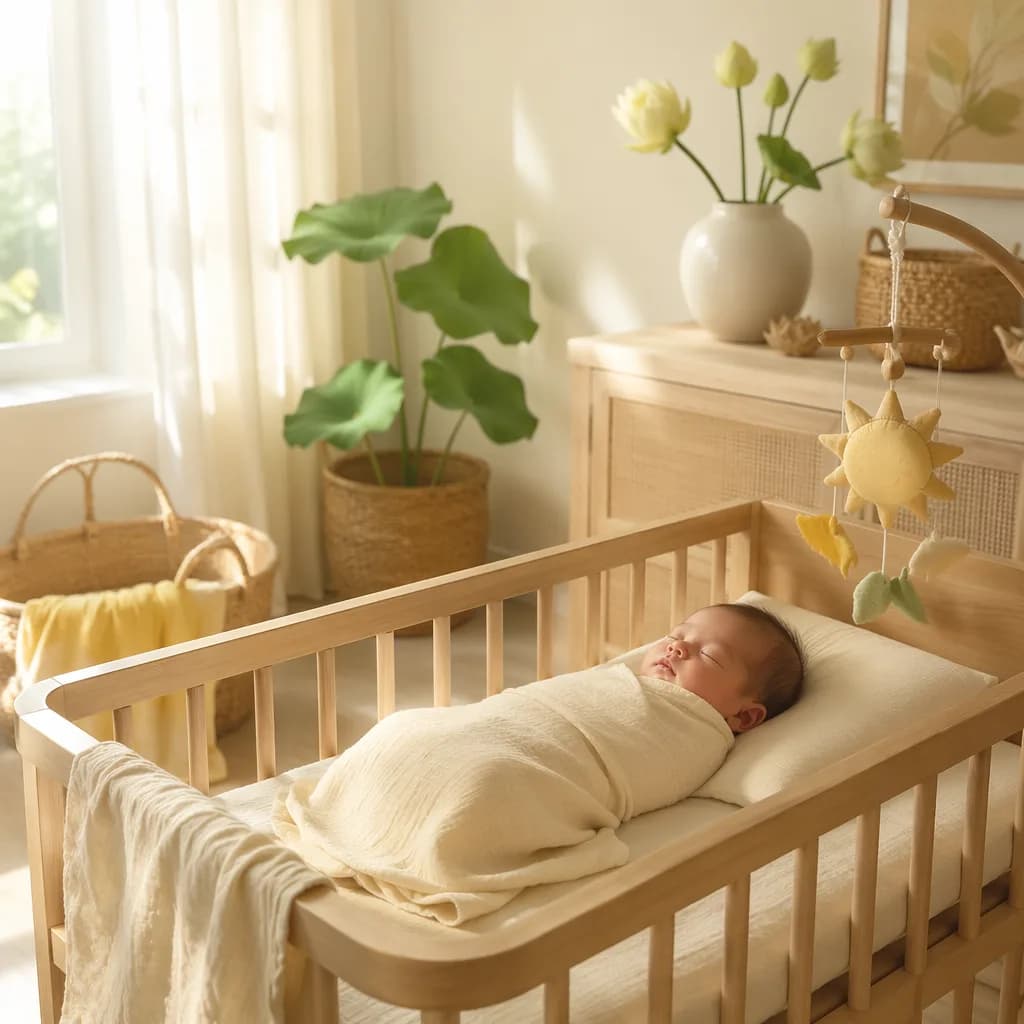 A peaceful baby nursery glowing with soft morning sunlight and pastel Vietnamese-inspired decor.