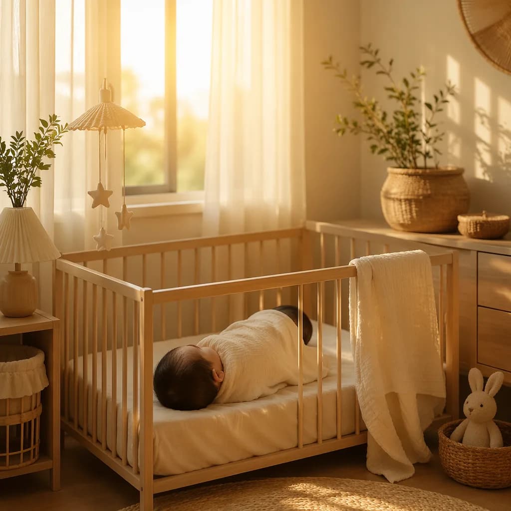 A peaceful baby in a soft sunlit nursery with warm pastel decor.