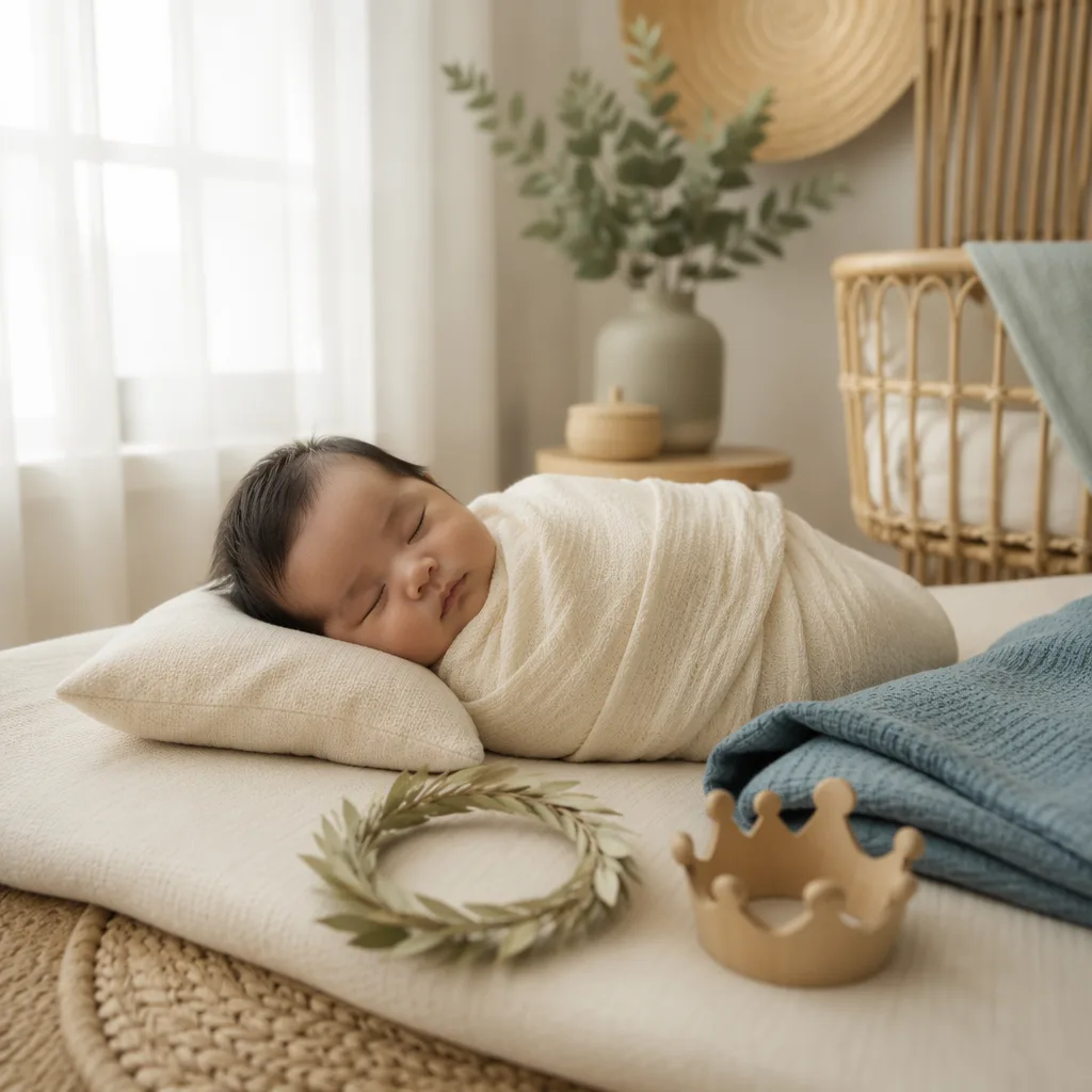 A peaceful Filipino baby in a soft pastel nursery with gentle crown, laurel, and sea-blue accents.