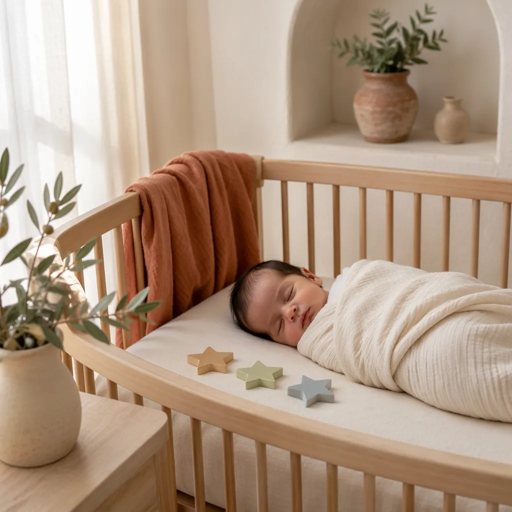 Sleeping newborn in a soft Spanish-inspired nursery with three pastel stars.