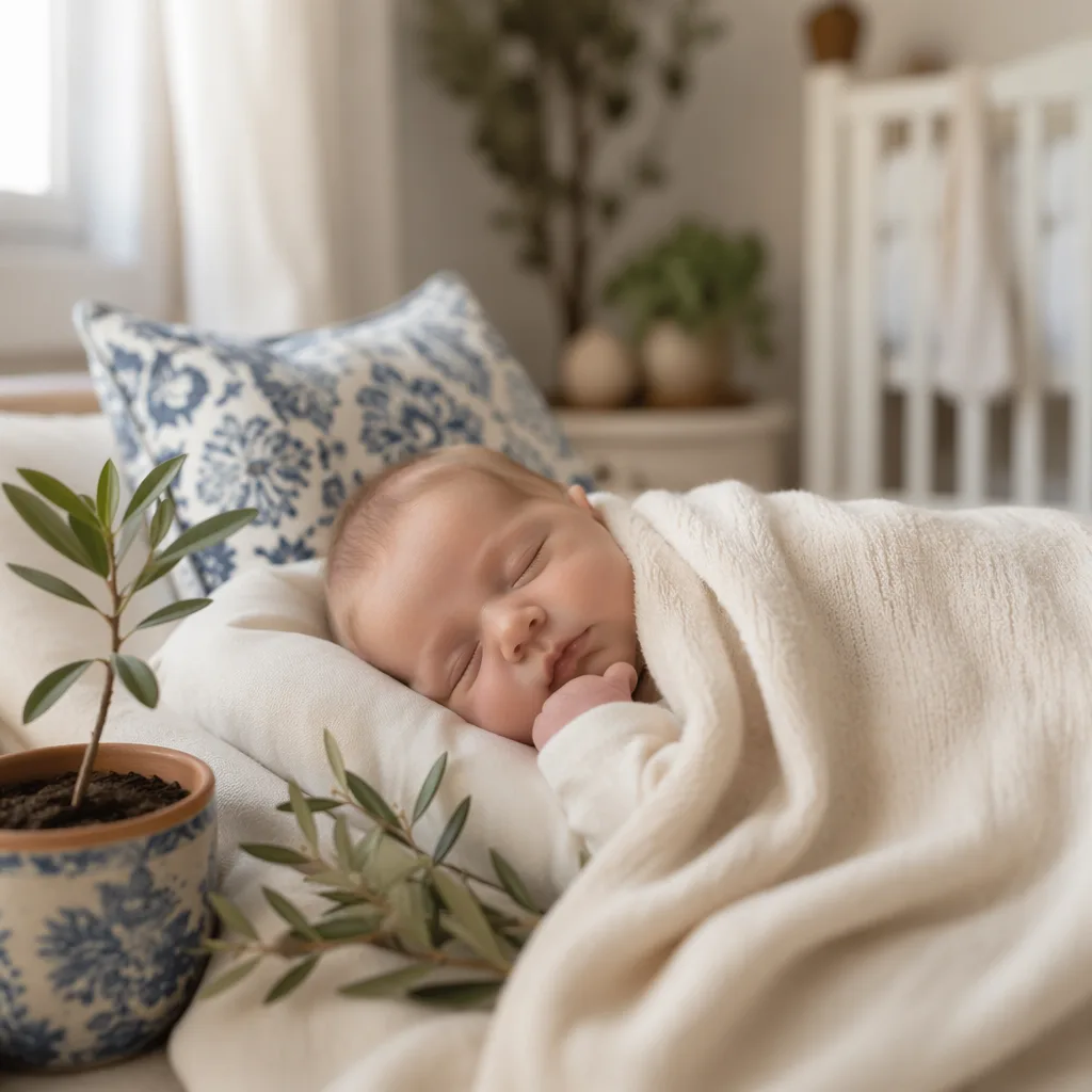 Sleeping baby in a cozy Portuguese-inspired nursery with soft pastels and natural light.