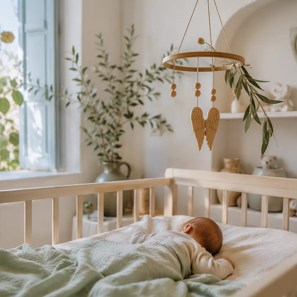 Soft pastel Italian nursery with a sleeping baby and gentle angel wing mobile.