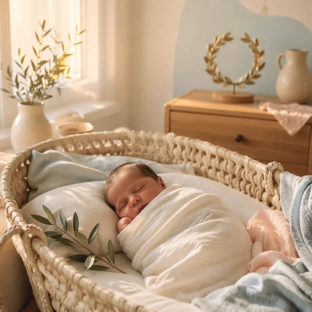 A cozy Greek-inspired nursery scene with a swaddled baby, olive branch, and laurel wreath.