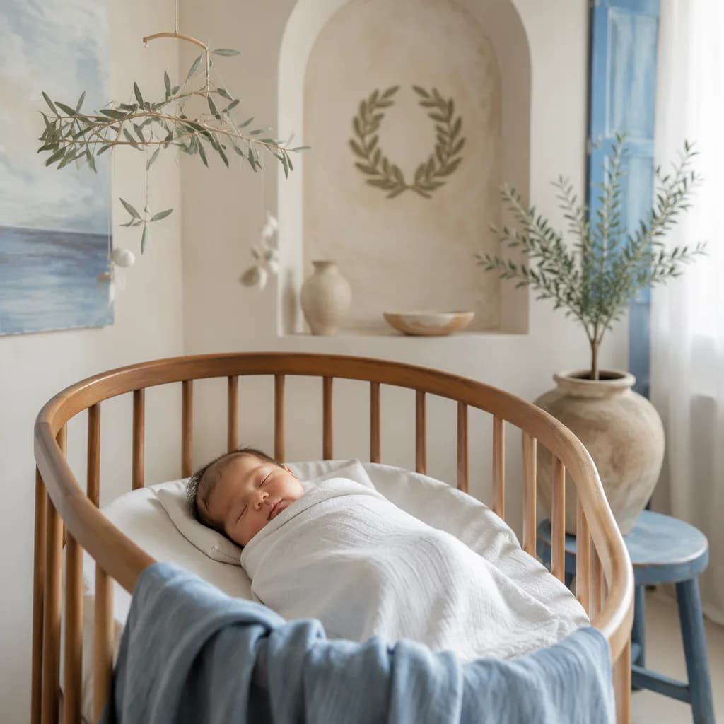 Sleeping baby in a soft Greek-inspired nursery with olive and laurel accents