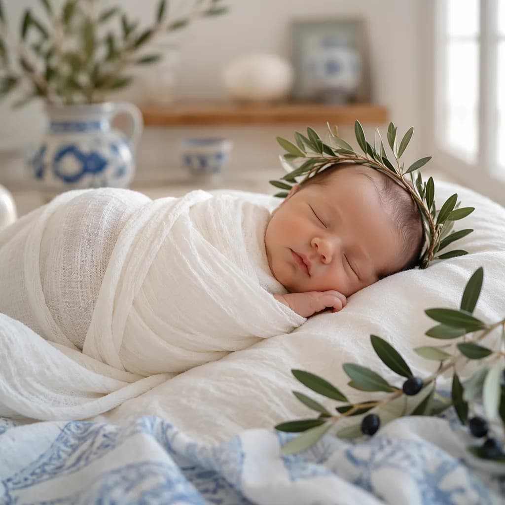 Sleeping newborn in a soft Greek-inspired nursery with an olive wreath.