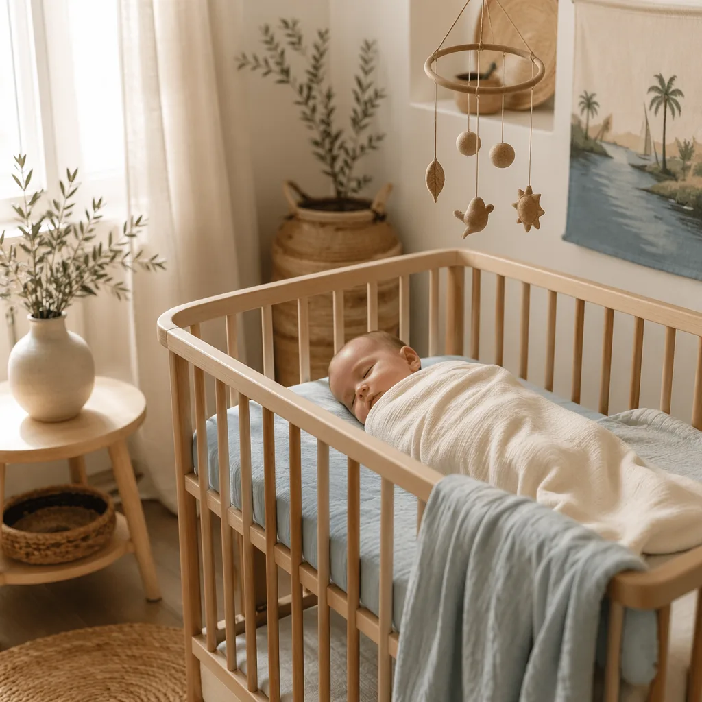 Sleeping swaddled baby in a soft pastel nursery with Mediterranean-inspired details.