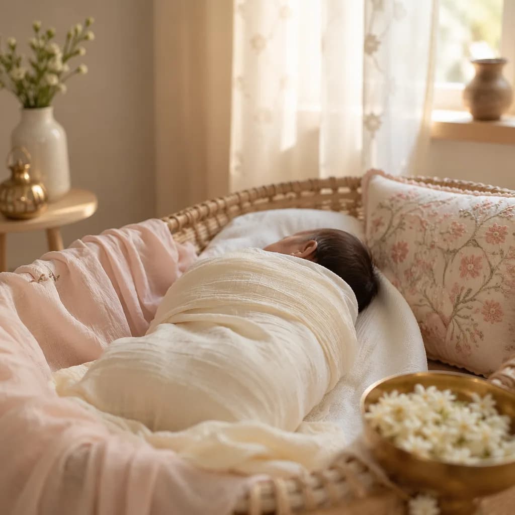 Soft pastel nursery scene with a gently swaddled sleeping baby and jasmine accents.