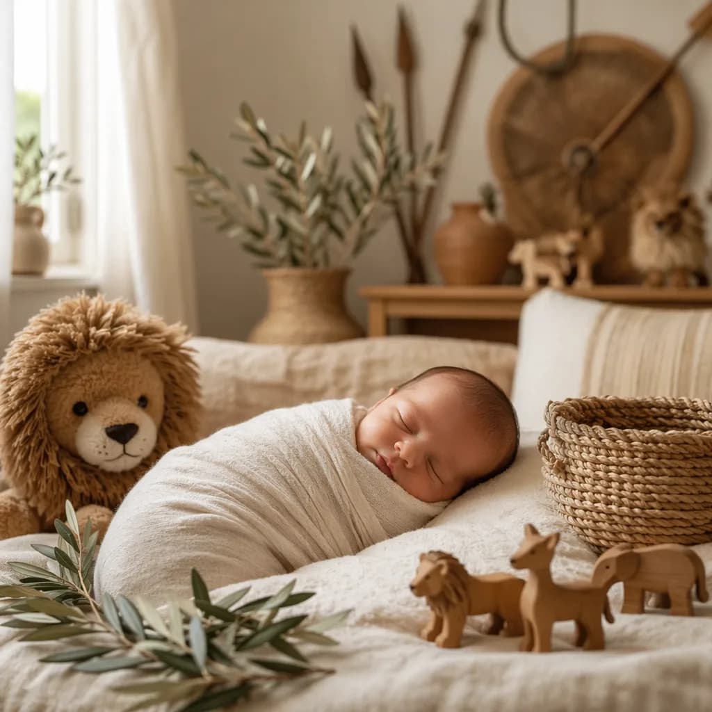 Sleeping swaddled baby in a warm pastel nursery with plush lion and wooden animal toys.