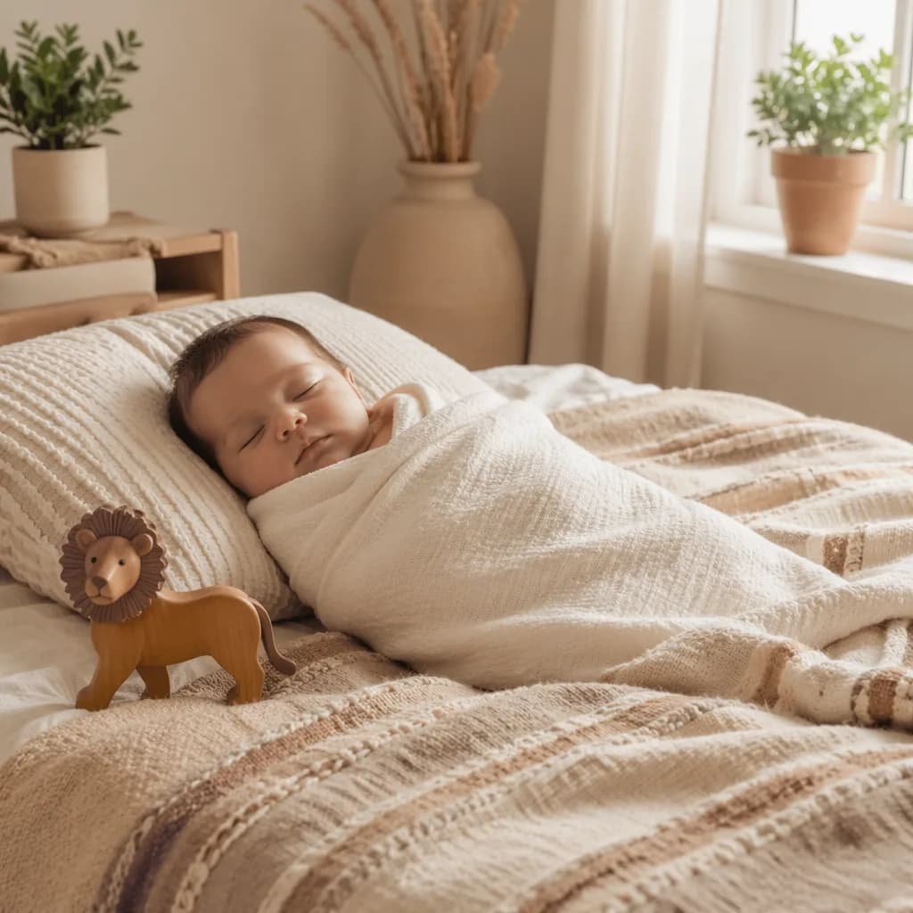Sleeping baby in a soft Hebrew-inspired nursery with a wooden lion toy and cozy natural textures.