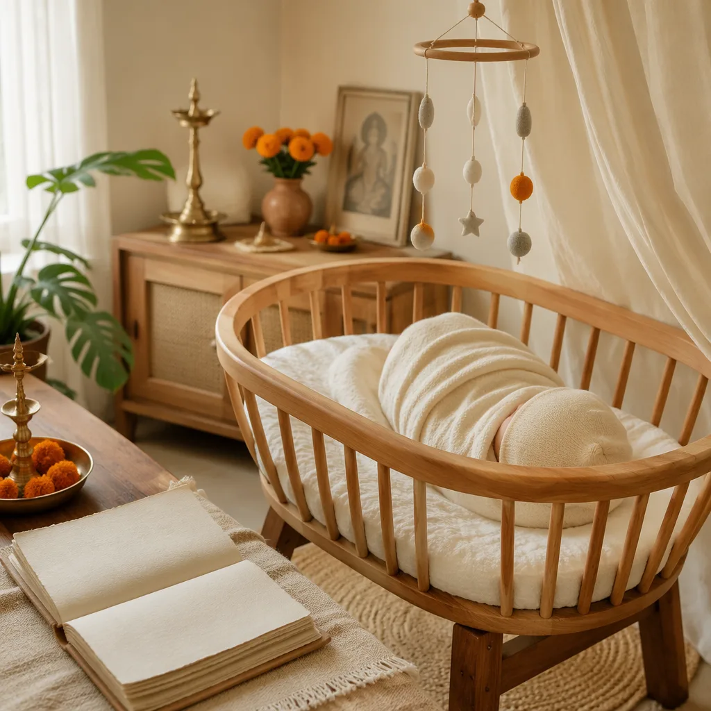Peaceful pastel nursery with a swaddled sleeping baby and Sanskrit-inspired symbolic decor.