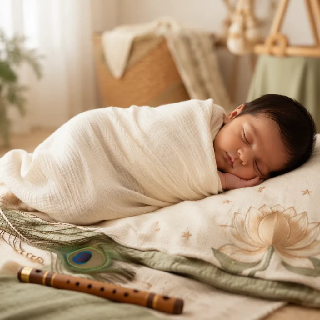 Sleeping newborn in a soft nursery with peacock feather, flute, and lotus details.