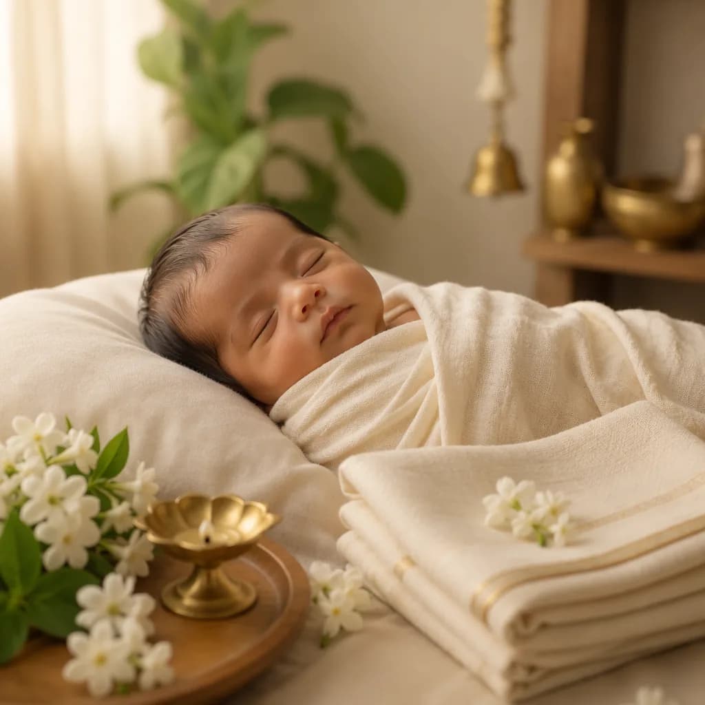 Peaceful swaddled baby in a warm pastel nursery with subtle Sanskrit-inspired details.