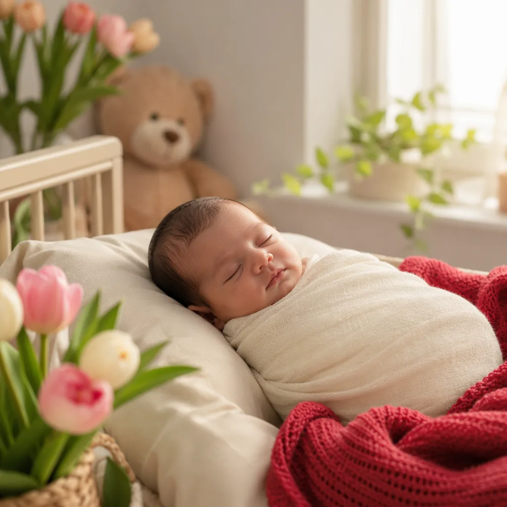 Sleeping baby in a soft spring nursery with pastel tulips and ruby-red accents.