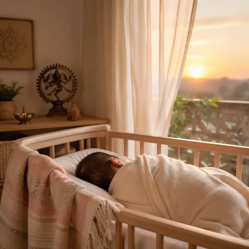 A peaceful swaddled baby in a cozy nursery lit by soft sunrise light.