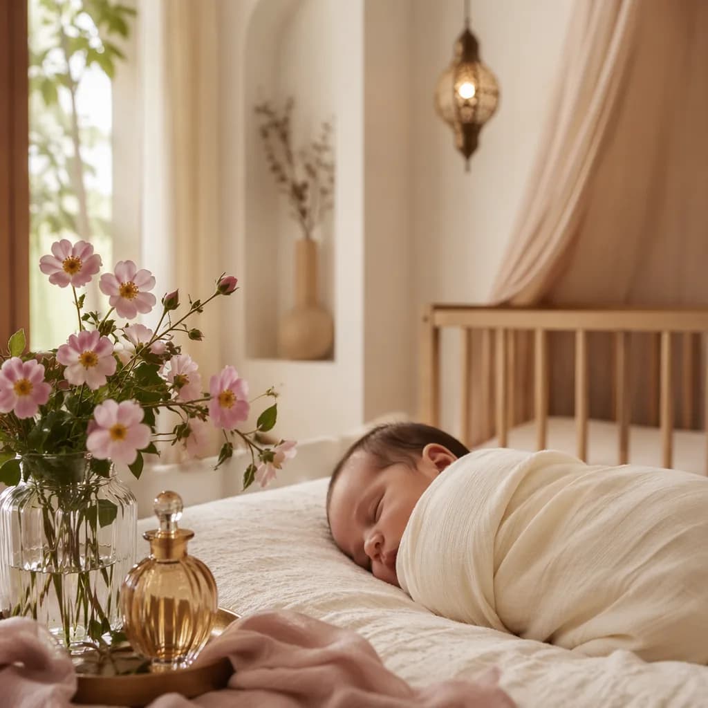 Sleeping swaddled newborn in a soft nursery with pink roses and delicate fragrance-inspired decor.