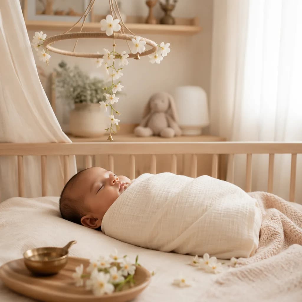 A serene pastel nursery with a swaddled sleeping baby and delicate jasmine accents.