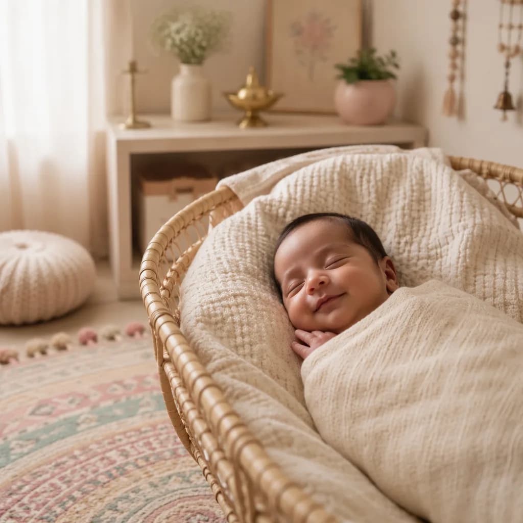 Peaceful baby in a soft pastel nursery with gentle Indian-inspired decor.