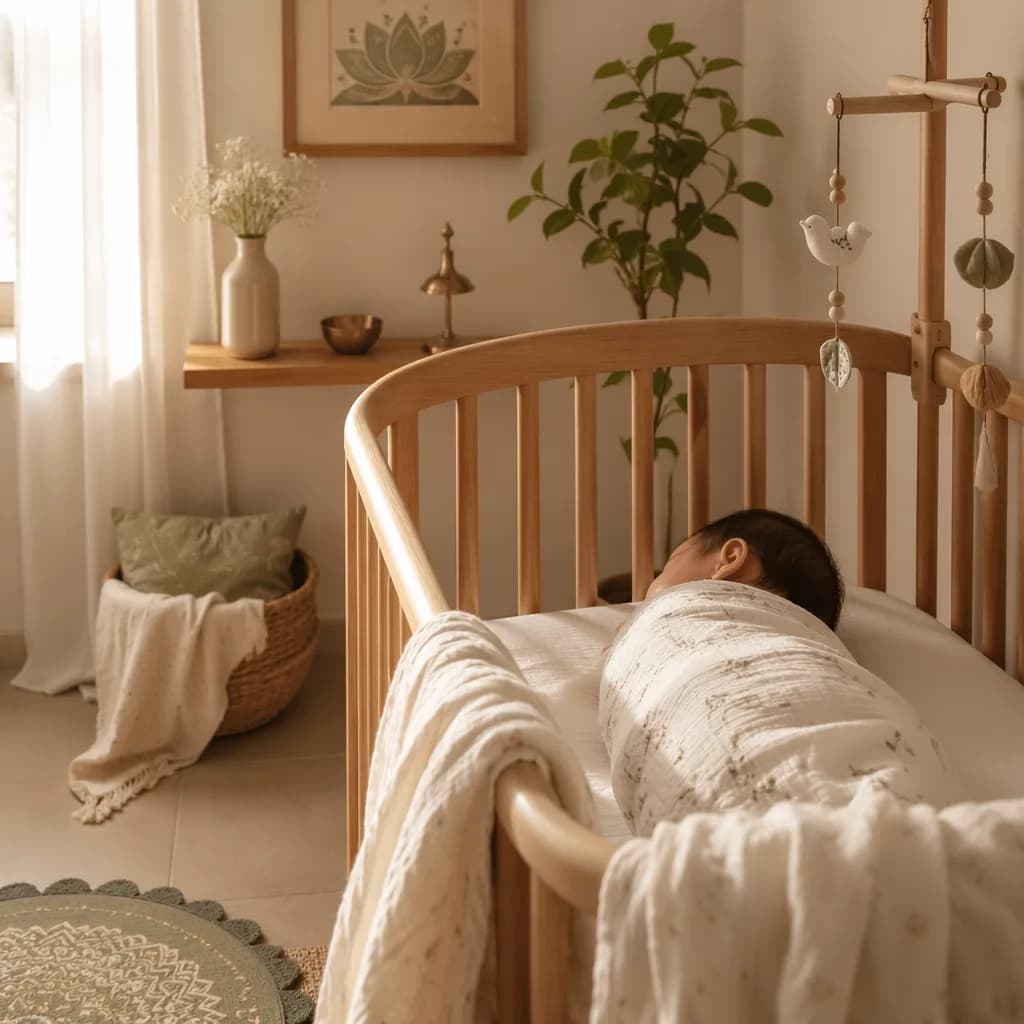 Peaceful pastel nursery with a swaddled sleeping baby and soft natural light.
