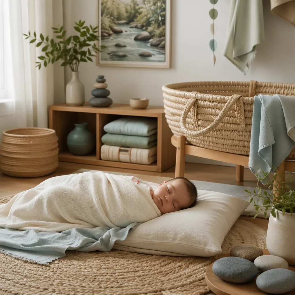 Sleeping baby in a soft pastel nursery with gentle river-inspired accents.