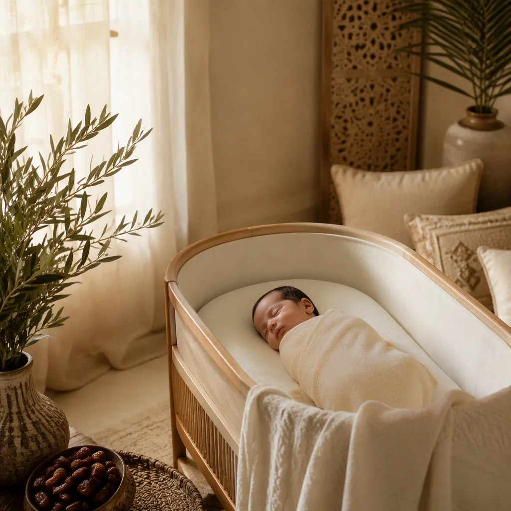 A peaceful Arabic-inspired nursery with a swaddled sleeping baby in soft natural light.