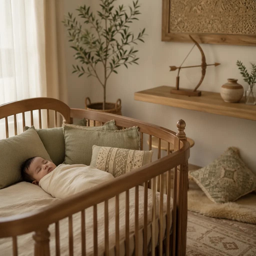 A serene pastel nursery with a sleeping baby and subtle Arabic-inspired decor.