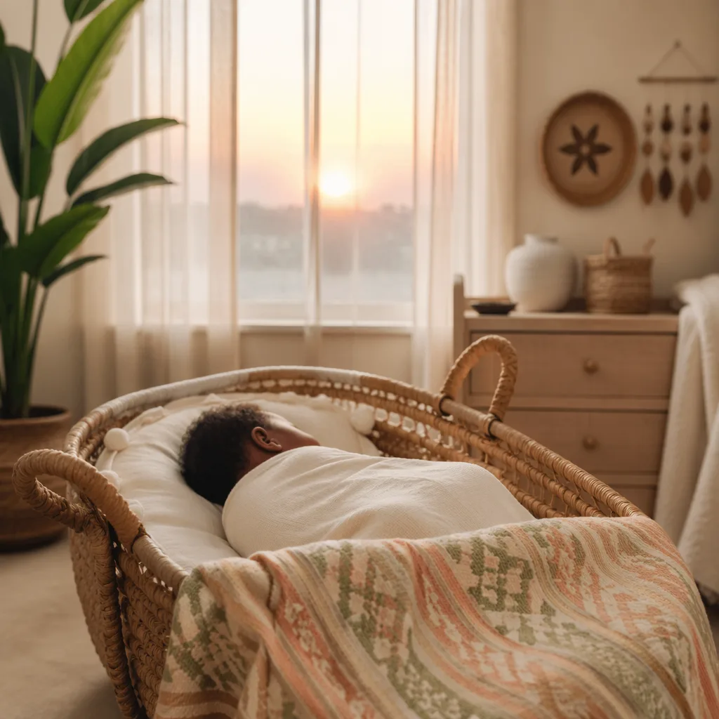 Peaceful Nigerian baby in a cozy pastel nursery with a soft sunrise glow.