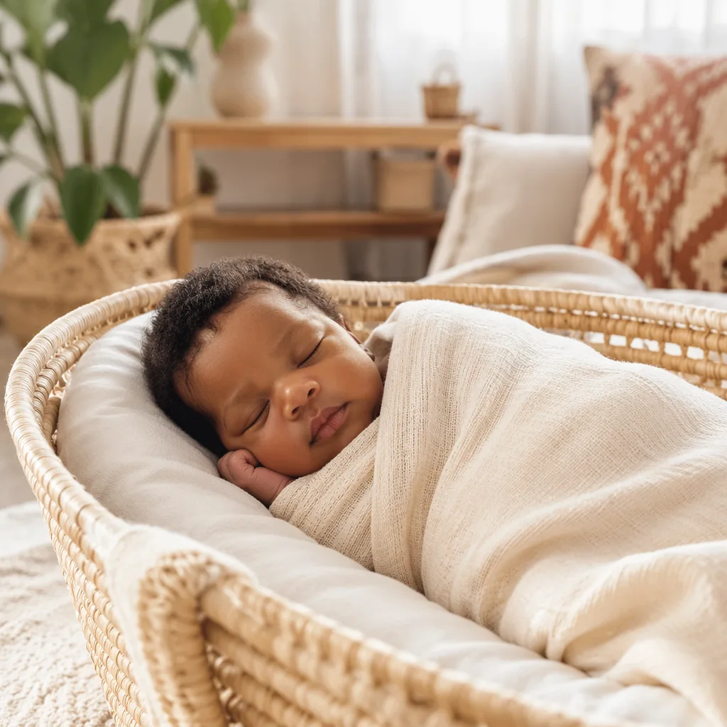 Sleeping newborn in a cozy nursery with soft Igbo-inspired accents.