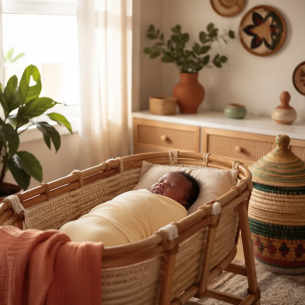 Sleeping Nigerian baby in a warm, softly lit nursery with subtle Igbo-inspired decor.