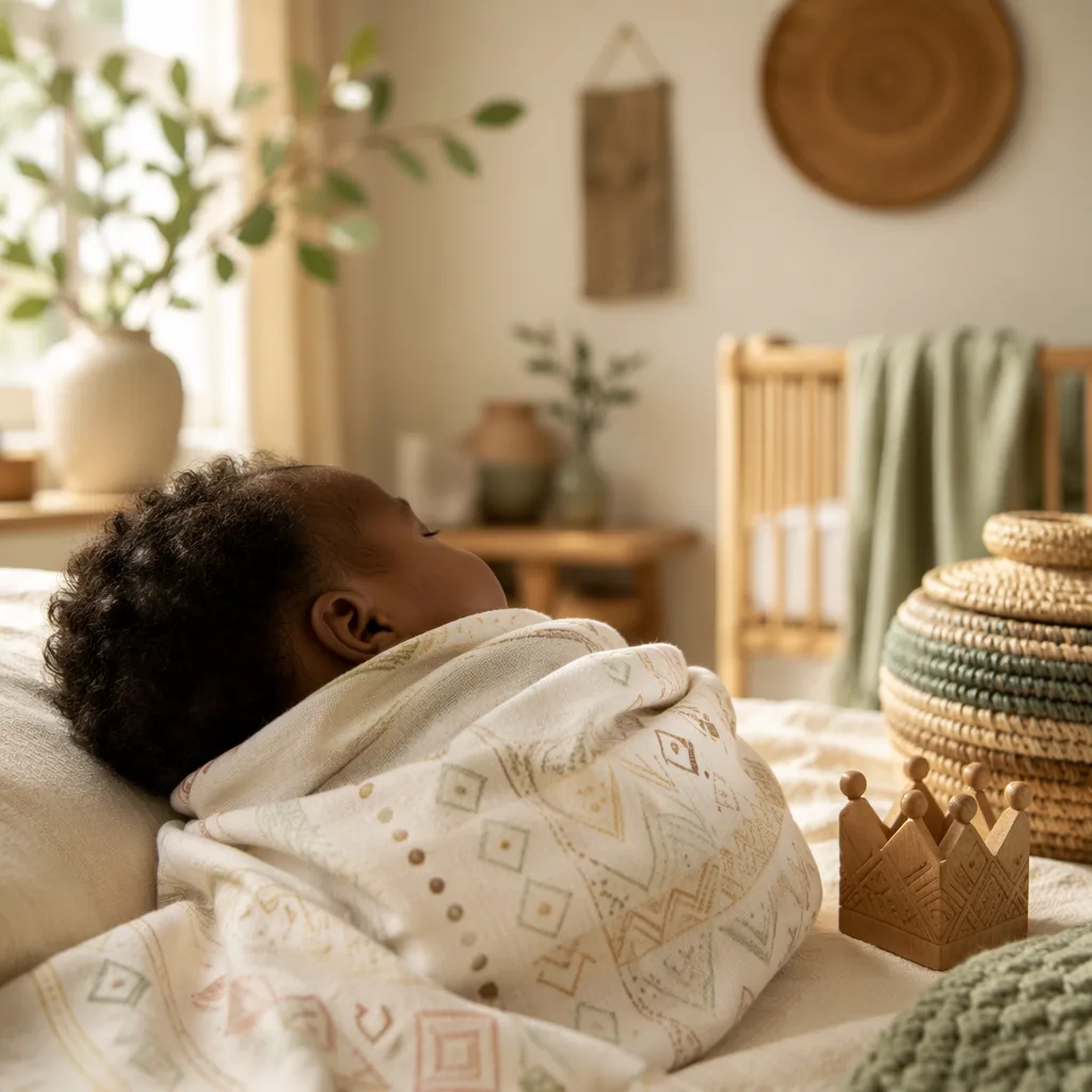 Peaceful Igbo baby in a soft pastel nursery with woven decor and a small wooden crown toy.