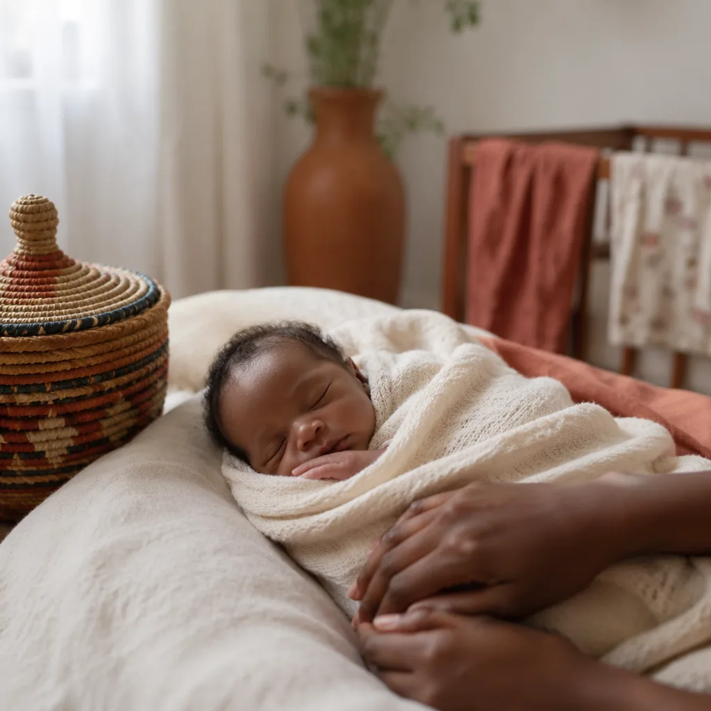 Sleeping newborn in a cozy nursery with gentle maternal hands and warm Igbo-inspired accents.