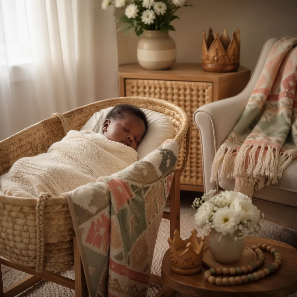 Peaceful Nigerian baby in a cozy pastel nursery with Igbo-inspired accents and a small wooden crown keepsake.