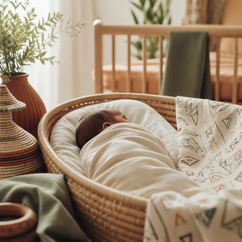 Peaceful swaddled newborn in a warm pastel nursery with subtle Igbo-inspired accents.