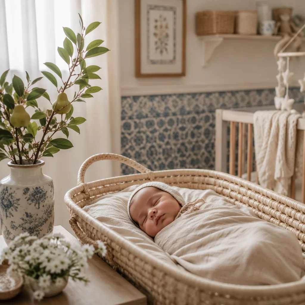 A softly lit pastel nursery with a swaddled sleeping baby, pear branch, and delicate flowers.