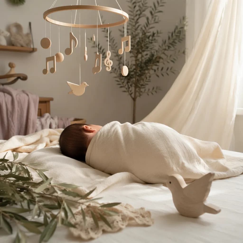 A serene pastel nursery with a swaddled sleeping baby, olive branches, and a gentle music mobile.
