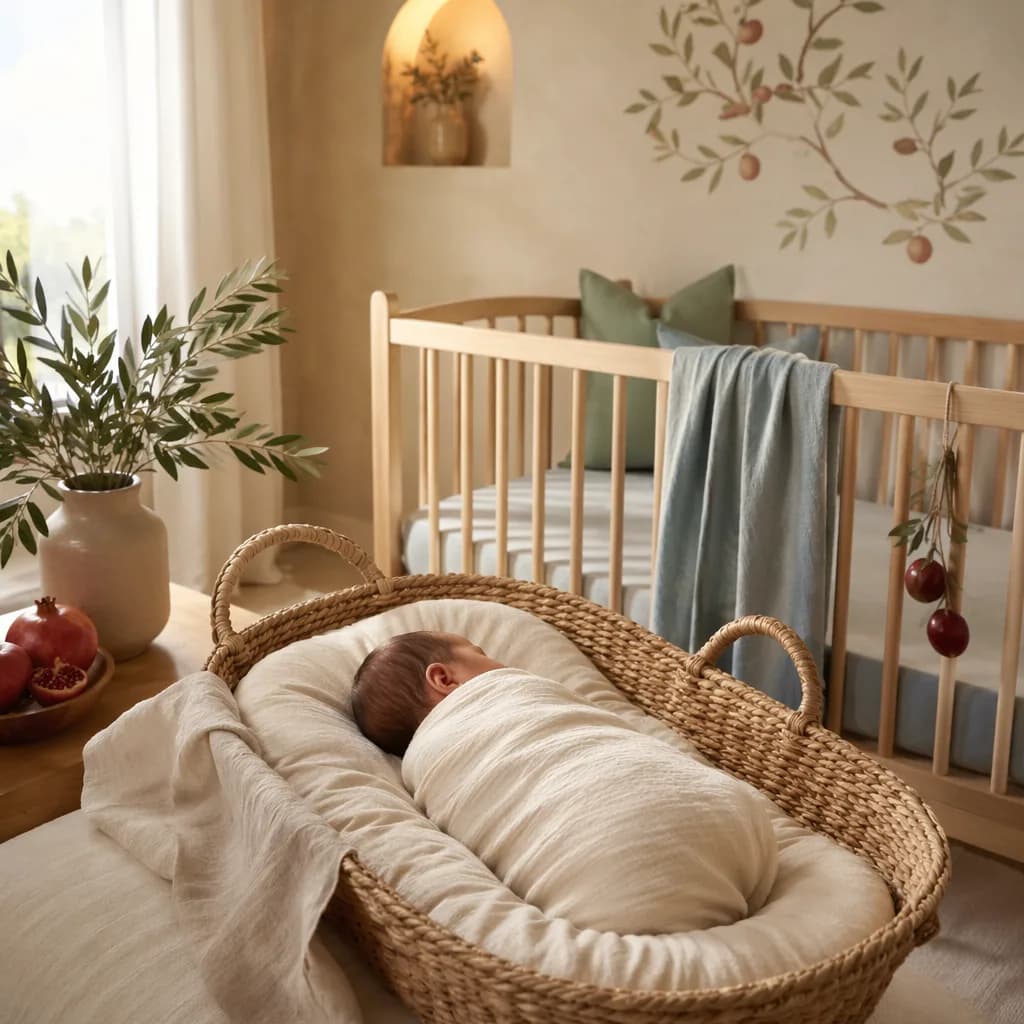 A softly lit nursery with a swaddled newborn and gentle olive branch decor.