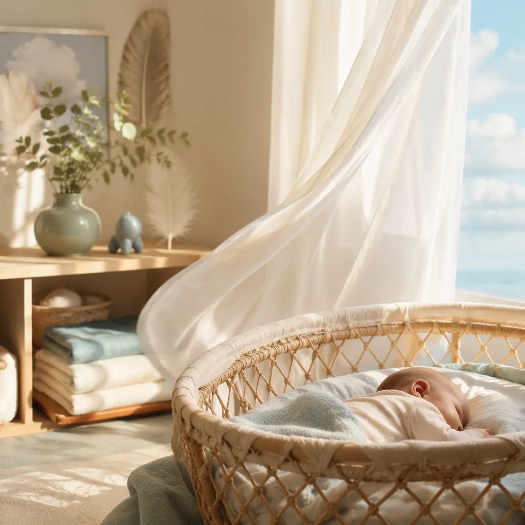 A peaceful nursery with a sleeping baby and sheer curtains moving in a gentle breeze.