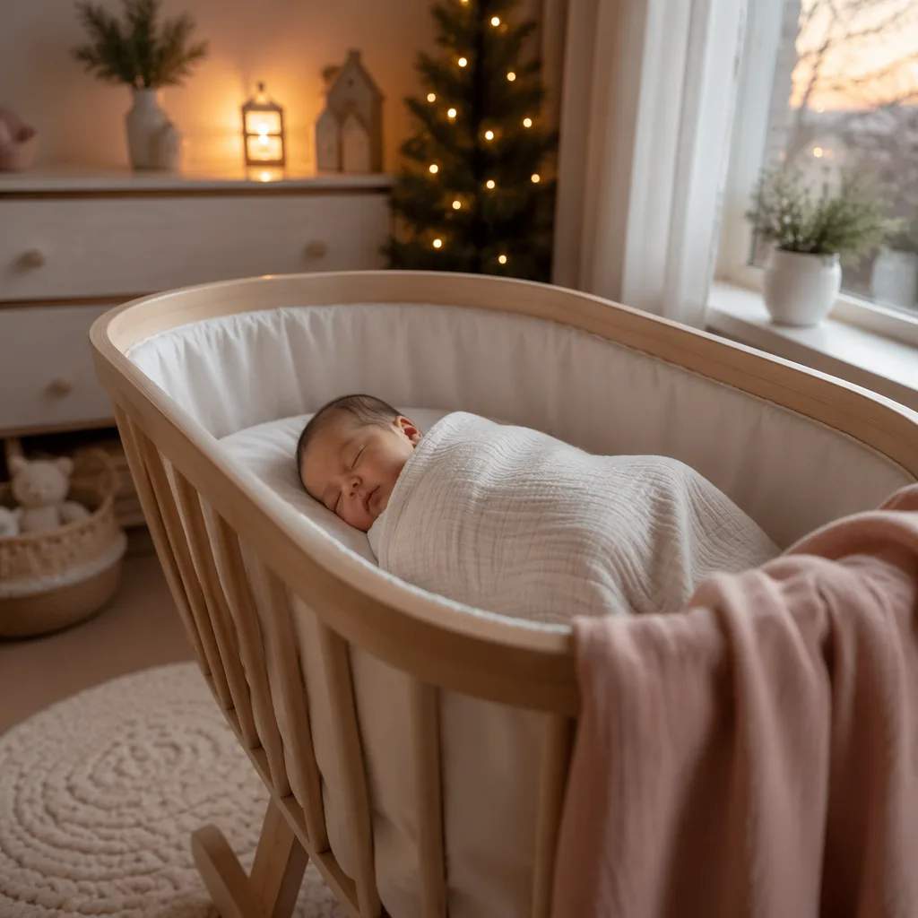 Sleeping baby in a warm pastel nursery with soft candle-like light and subtle Christmas greenery.